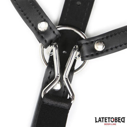 Close-up of adjustable Head Harness with Ball Gag and Nose Hook showcasing secure metal rings and straps.