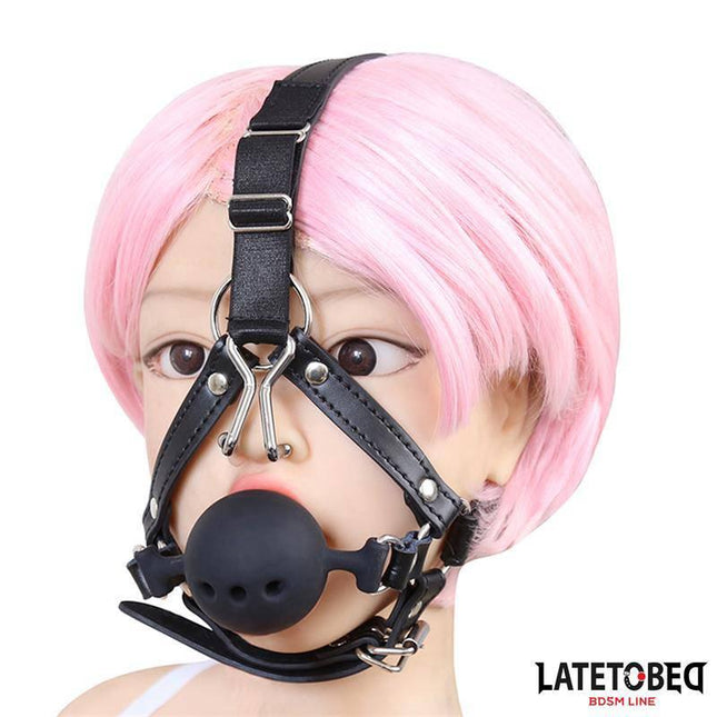 Head Harness with Ball Gag and Nose Hook for advanced restraint play, featuring an adjustable strap and secure fit.