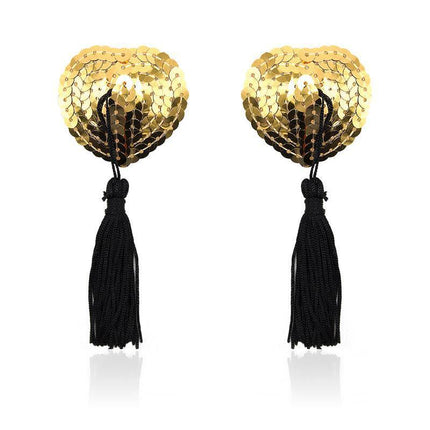 Heart Nipple Cover with Gold Sequins, heart-shaped design with black tassels, self-adhesive lingerie accessory, bold and romantic look.