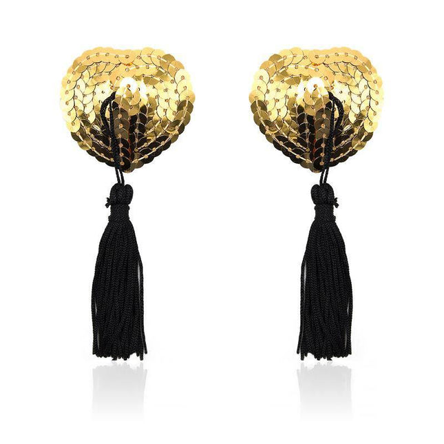 Heart Nipple Cover with Gold Sequins, heart-shaped design with black tassels, self-adhesive lingerie accessory, bold and romantic look.
