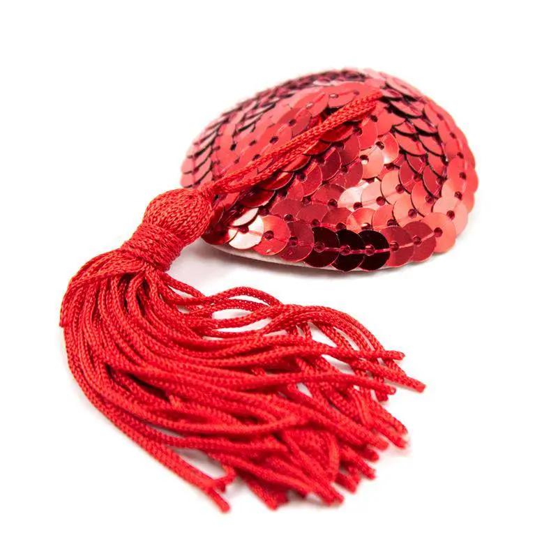 Heart Sequin Nipple Cover with Tassel Red - secretsextoys.store