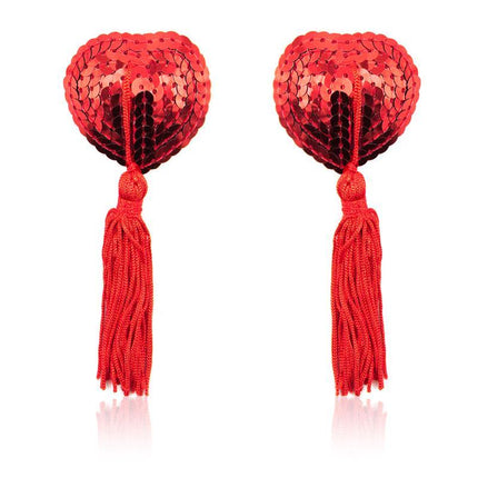 Heart Sequin Nipple Cover with Tassel Red, heart-shaped, sequin design, self-adhesive, bold accessory.