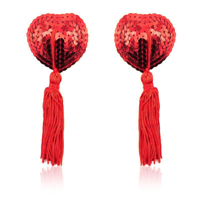 Heart Sequin Nipple Cover with Tassel Red, heart-shaped, sequin design, self-adhesive, bold accessory.