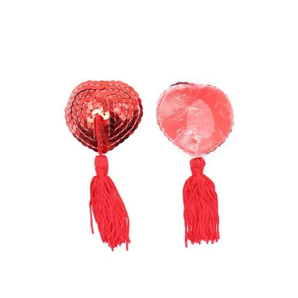Heart Sequin Nipple Cover with Tassel Red, heart-shaped self-adhesive accessory from Latetobed BDSM Line
