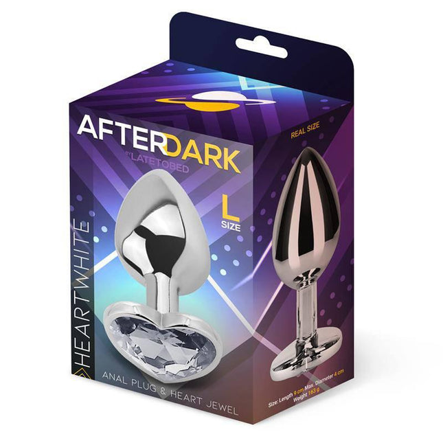 Heart Shaped Butt Plug Size Talla L with heart base and white jewel by Afterdark in packaging, size L displayed.