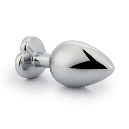 Metallic teardrop-shaped butt plug on white background