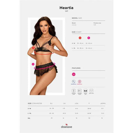 Heartia 3 Pieces Set Black lingerie with model, size chart, and features displayed.