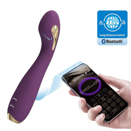 Hector Electroshock Vibe with App shown with smartphone for Bluetooth remote control and electro stimulation features.