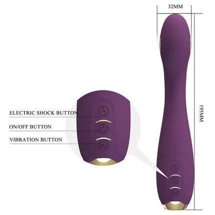 Hector Electroshock Vibe with App showing button functions and dimensions, including electric shock, on/off, and vibration controls.