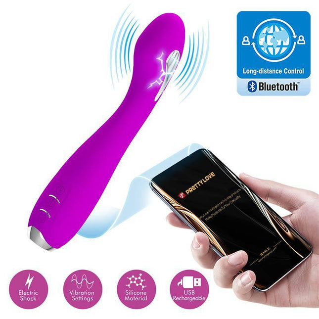 Hector Vibe Electroshock Vibrator with App Control shown with smartphone and Bluetooth functionality for customizable pleasure.