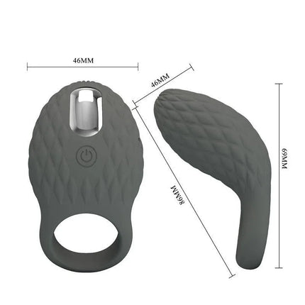 Heloise Vibrating Cock Ring with bunny stimulator, showing design and measurements for enhanced pleasure and performance.