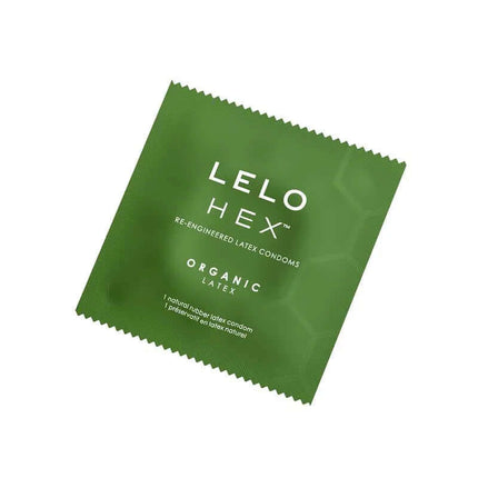 HEX Condoms Organic 12 units single condom packet in green packaging, emphasizing luxury and safety with responsibly sourced latex.