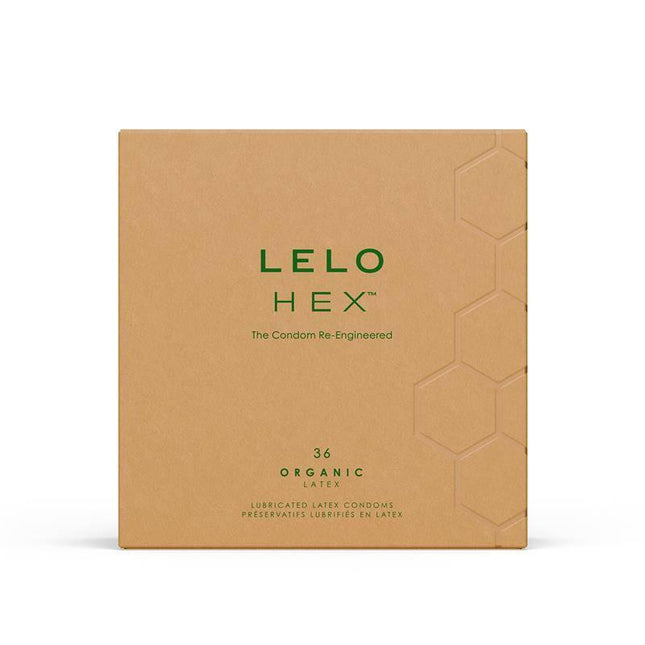 HEX Condoms Organic 36 units box featuring eco-friendly, ultra-thin latex design for safe and natural intimate experiences.