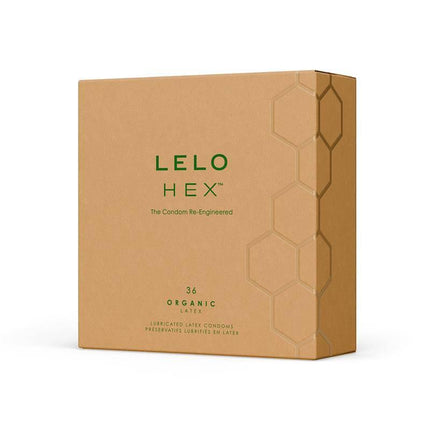 HEX Condoms Organic 36 units box, featuring eco-friendly packaging with a focus on luxury and durability.