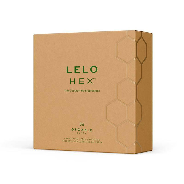 HEX Condoms Organic 36 units box, featuring eco-friendly packaging with a focus on luxury and durability.