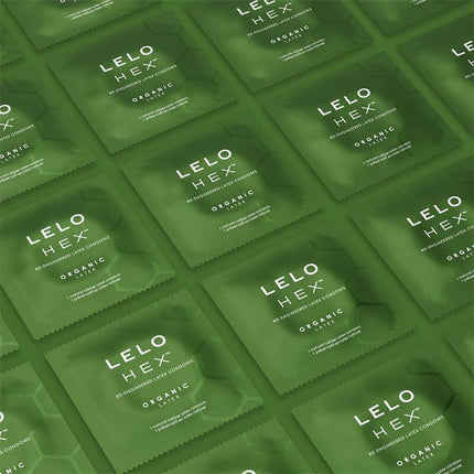 HEX Condoms Organic 12 units packaging showcasing luxury and eco-friendly design for a natural experience.