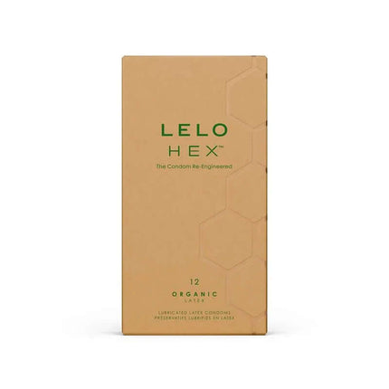 HEX Condoms Organic 12 units box showcasing eco-friendly luxury condom packaging, highlighting safety and durability.