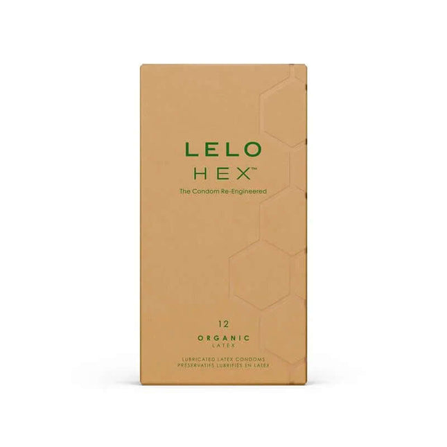 HEX Condoms Organic 12 units box showcasing eco-friendly luxury condom packaging, highlighting safety and durability.