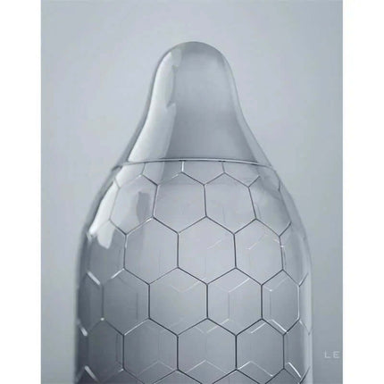 Close-up of HEX ORIGINAL Condoms 12 Pack hexagonal design for enhanced protection and sensitivity.