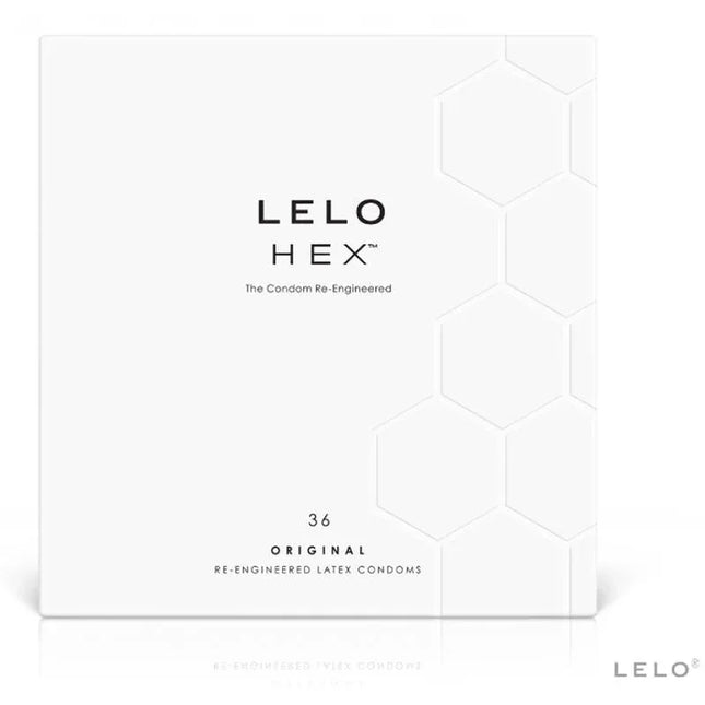 HEX ORIGINAL Condoms 36 Pack by LELO HEX, featuring hexagonal lattice for strength and sensation in white packaging.
