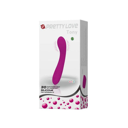 High Grade Vibrator Tony Purple packaging with 30 vibration functions shown.