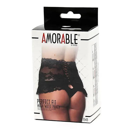 High Waist Panty Black packaging with lace design on a white background, showcasing high-rise silhouette for comfort and style.