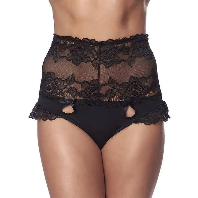 High Waist Panty Black with lace details and tall silhouette, in size options S/M and L/XL, made from 95% polyester and 5% elastane.