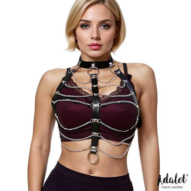 Model wearing Hilda Vegan Leather Chest Harness with Chain One size in a bold, edgy design.
