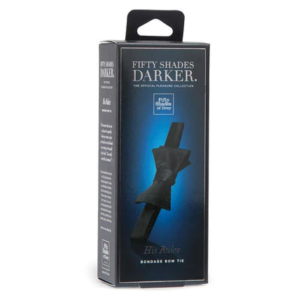 Packaging of His Rules Bondage Bow Tie from Fifty Shades Darker collection, showcasing a stylish black silky bow tie.