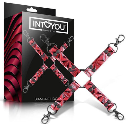 Hog Tie Diamond Vegan Leather BDSM restraint in red, displayed against packaging.