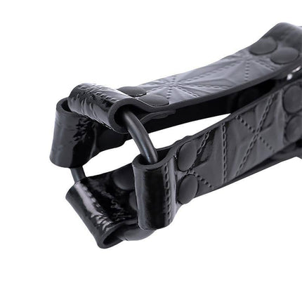 Hog Tie Sapphire Vegan Leather luxury bondage accessory in black and gray vegan leather, ideal for safe and comfortable extended play.