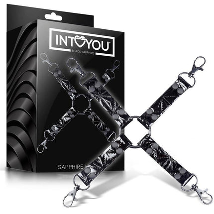 Hog Tie Sapphire Vegan Leather bondage accessory with packaging, featuring dark black and gray vegan leather straps with metal clasps.