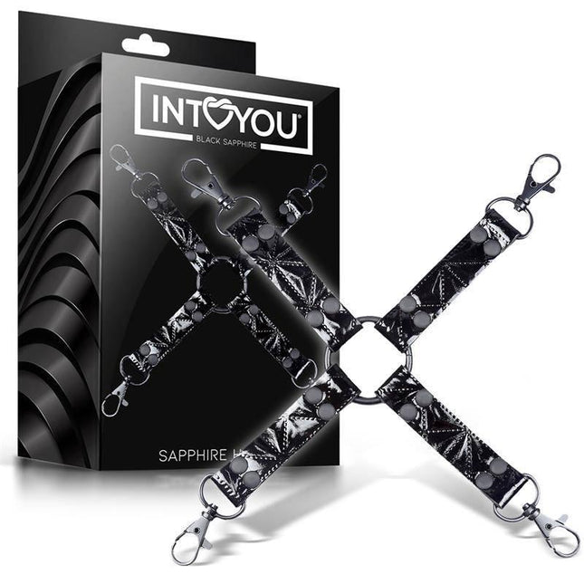 Hog Tie Sapphire Vegan Leather bondage accessory with packaging, featuring dark black and gray vegan leather straps with metal clasps.