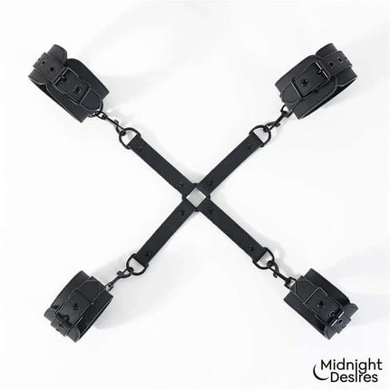 Hogtie Cross Bar Hand and Ankle Cuffs by Midnight Desires featuring vegan leather design for secure restraint.
