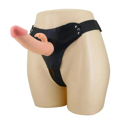 Hollow Strap-on Harness wt Dildo 19 cm Mavis with adjustable black nylon straps for intimate play