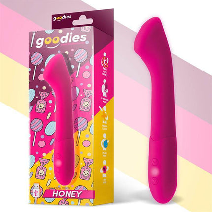 Honey G-Spot Vibe USB Silicone Fuchsia vibrator with ergonomic design and packaging displayed against a colorful background.