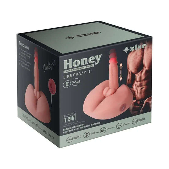 Honey Masturbator with Thrusting and Vibrating 3.2 kg product packaging showing toy features and design.