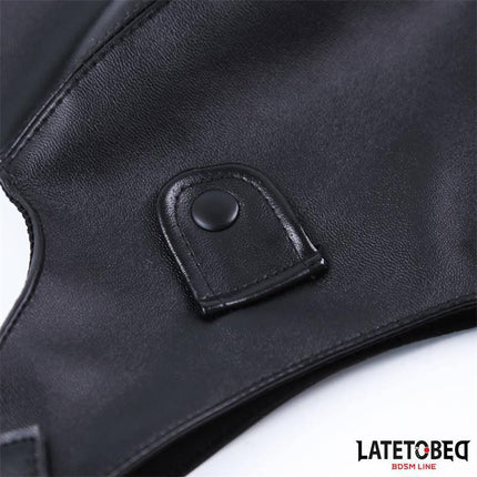 Close-up of LATETOBED vegan leather Hood Black mask detail with sleek and durable PU design.