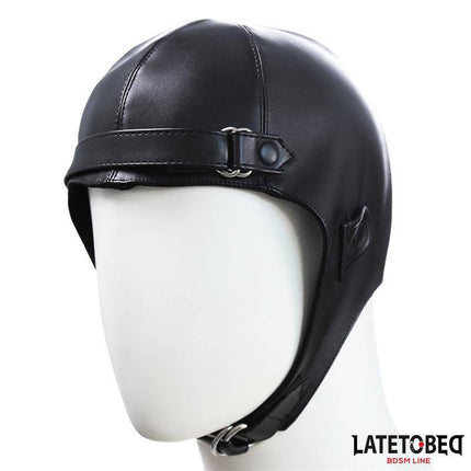 Hood Black vegan leather mask by LATETOBED in black PU material, minimalist design, side view.