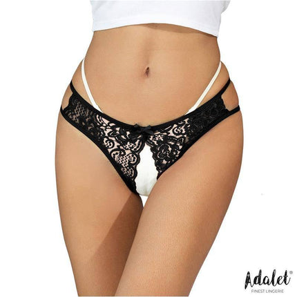 Hope Open Panty Black with floral lace and open crotch design by Adalet, available in S-M and L-XL, made of nylon and spandex.