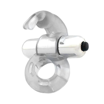 Horizon Vibrating Penis Ring with Rabbit Clear featuring adjustable vibrating bullet and bunny-shaped stimulator for enhanced pleasure.