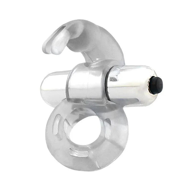 Horizon Vibrating Penis Ring with Rabbit Clear featuring adjustable vibrating bullet and bunny-shaped stimulator for enhanced pleasure.