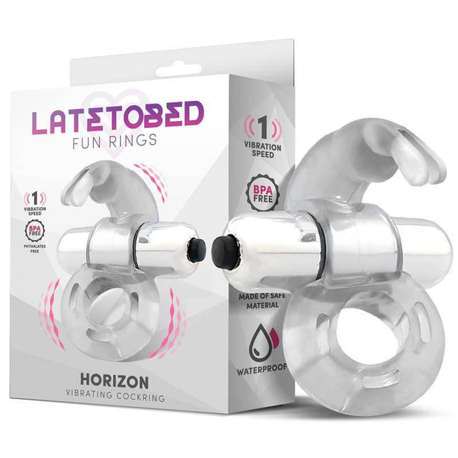 Horizon Vibrating Penis Ring with Rabbit Clear showcasing flexible design and powerful bullet for enhanced pleasure.