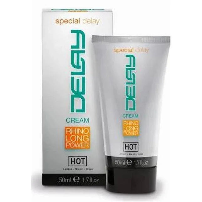 Hot Delay Cream 50 ml tube and packaging for enhanced stamina and intimacy.