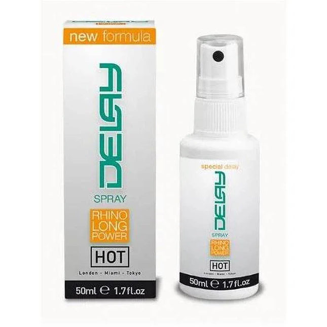 Hot Delay Spray 50 ml bottle and packaging for prolonging intimacy and boosting confidence.