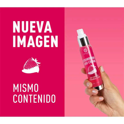 Hot Effect Strawberry with Cream Lubricant 50 ml bottle held in hand against pink background.