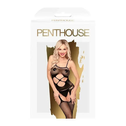 Packaging of Hot Nightfall Bodystocking Black3 by Penthouse, featuring elegant design with multi-patterns and integrated garter belt.