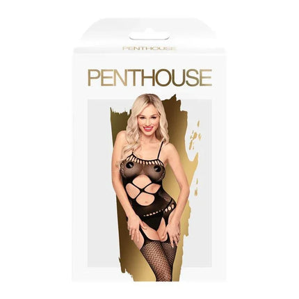 Hot Nightfall Bodystocking Black3 in packaging from Penthouse lingerie collection, showcasing bold design and multi-pattern elegance.
