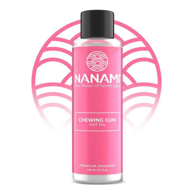 Hot Oil Massage Chewing Gum Aroma Heat Effect 100 ml - NANAMI massage oil bottle with pink label and logo background