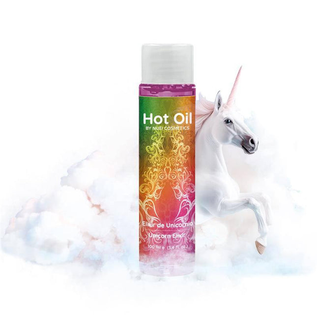 Hot Oil Unicorn Elixir Warming Massage Oil 100 ml bottle with unicorn illustration in a cloud background.